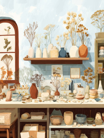 Artisans engage in a ceramic workshop, showcasing a variety of pottery and beautifully arranged dried flowers on workspace shelves.の素材