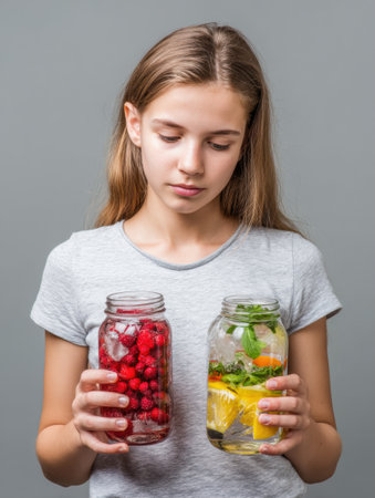 A teenager evaluates two jars, one filled with berries and the other with fruit-infused water, contemplating her drink option in a well-lit space.の素材