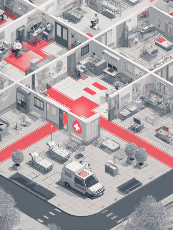 Vector artwork illustrates an emergency room intake area, emphasizing a poison icon at the center and various medical activities throughout the facility.の素材