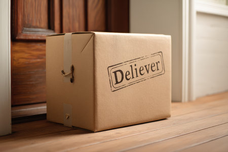 A package with a Delivered stamp sits on a wooden porch in front of a door, illuminated by natural light during the day.の素材