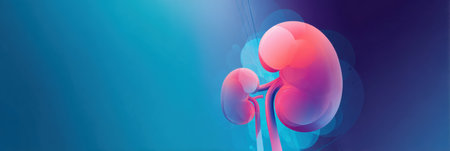 A creative representation of a kidney in vibrant colors against a blue gradient background, designed to promote health awareness with space for a catchy slogan.の素材