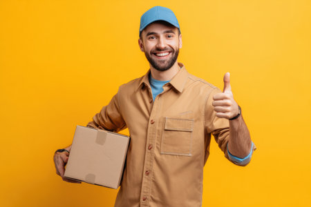 A cheerful courier celebrates a successful delivery, smiling and showing a thumbs-up with a cardboard box against a vibrant yellow backdrop.の素材