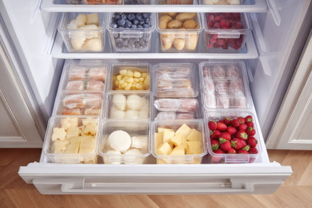 A modern freezer interior is filled with neatly organized frozen goods stored in clear containers, displaying colorful fruits and other prepared food items.の素材