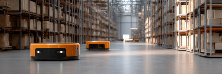 Smart delivery robots efficiently navigate a modern warehouse, moving between shelves brimming with packages under bright overhead lighting in daytime.の素材