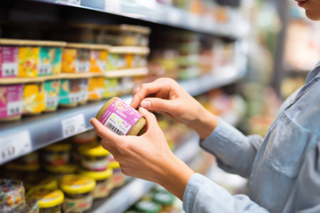 Nutritionist educates consumers by placing a kidney-friendly sticker on a grocery item in a store aisle, promoting healthier food choices during shopping.の素材