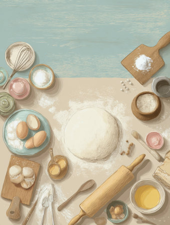A creative baking session is underway with dough, a rolling pin, and a variety of fresh ingredients laid out in a bright kitchen setting.の素材