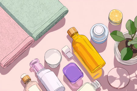 Skincare products and towels are beautifully arranged in a flatlay, featuring vibrant bottles and natural elements for self-care lovers.の素材