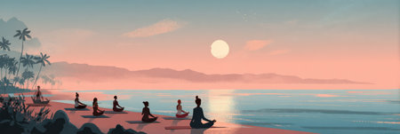 Sunset casts a warm glow over a tranquil beach where individuals practice yoga, meditating in peaceful harmony with nature and the ocean view.の素材