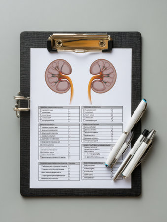 A kidney function checklist is laid out on a clipboard, accompanied by two pens, creating an organized setup for health assessment in a clinical context.の素材