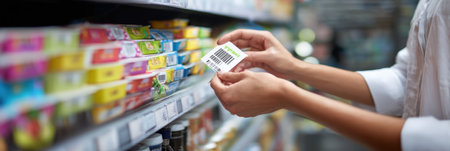 Nutritionist is placing a kidney-friendly sticker on a grocery item while reviewing product labels in a store aisle during afternoon shopping time.の素材