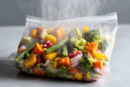 Steam escapes from an opened bag containing a vibrant mix of frozen vegetables, showing the fresh and vivid colors of each piece, ready for a quick meal.の素材