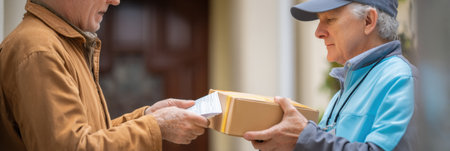 An elderly individual is receiving a prescription package from a courier, showing an important health service being provided in a tidy environment.の素材