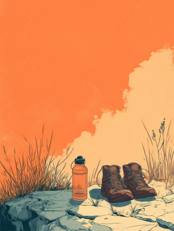 Hiking boots rest beside a water bottle on a rocky surface surrounded by soft grass, captured during a summer hike under a warm orange sky.の素材