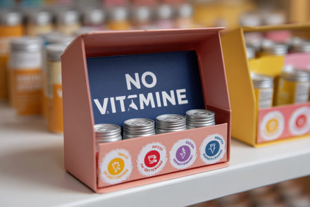 A shelf displays caffeine-free vitamins and health products for consumers seeking alternative options.の素材