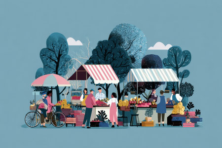 Vibrant farmers market showcases diverse organic stalls filled with fresh produce while community members explore local offerings under a clear blue sky.の素材