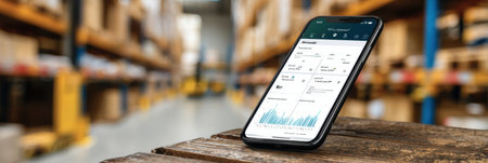 The mobile app showcases frozen inventory management tools, positioned on a wooden surface in a bustling warehouse filled with shelves.の素材