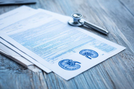 Medical documents containing kidney function results are arranged neatly on a wooden surface, accompanied by a stethoscope signaling a healthcare context.の素材