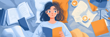 Student battles fatigue with books and coffee in a cozy room, surrounded by study materials and notes while trying to stay focused late at night.の素材