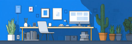 A tidy workspace dual features monitors, a sleek desk, succulent plants, and minimalist decor that fosters an atmosphere of focus and inspirationの素材