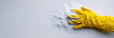 A hand wearing a yellow glove is cleaning a powdery substance from a white surface. The action focuses on maintaining cleanliness and hygiene.の素材