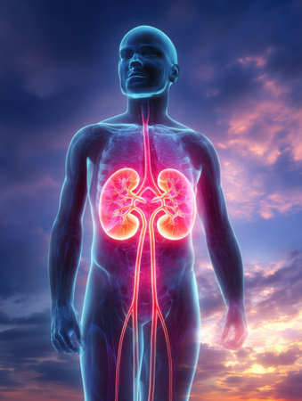A human figure stands tall with glowing kidneys highlighted against a clear sky, emphasizing the significance of kidney health and human anatomy at dusk.の素材