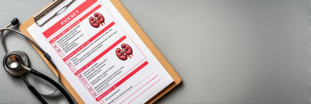 A clipboard displays a kidney function checklist, positioned alongside a stethoscope against a simple background for medical reference and evaluation.の素材
