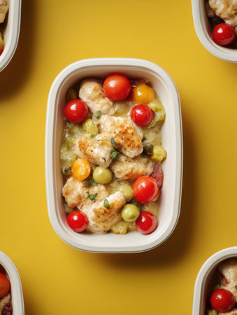 Brightly colored microwaveable dinner frozen with chicken and vegetables garnished with cherry tomatoes on a vibrant yellow surface ready for serving.の素材
