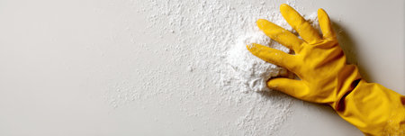 A yellow-gloved hand scrubs a white surface to clean up a powdery spill, ensuring the area looks neat and well-maintained while preventing messiness.の素材