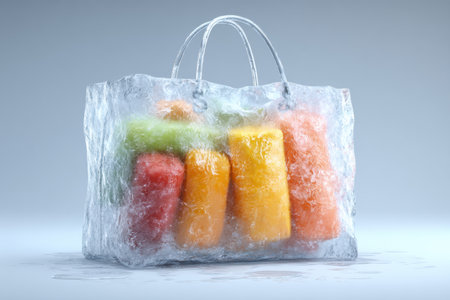 Shopping bag encased in ice reveals colorful frozen meals inside, illuminated from above to highlight the vibrant colors and textures of the food items.の素材