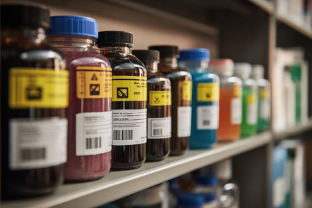 Colorful containers with chemical labels are arranged on a shelf in an office. Proper lighting highlights the organizational setup.の素材