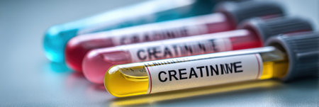 Test tubes labeled creatinine display different colors, indicating samples collected for medical analysis in a clinical laboratory setting.の素材