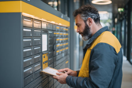 A courier is carefully placing orders into a smart locker station, ensuring efficient package delivery in a busy city setting.の素材