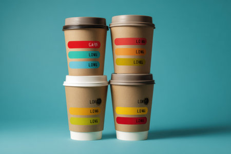 A creative arrangement of to-go cups featuring colorful caffeine level indicators, perfect for coffee enthusiasts seeking to track their caffeine intake.の素材