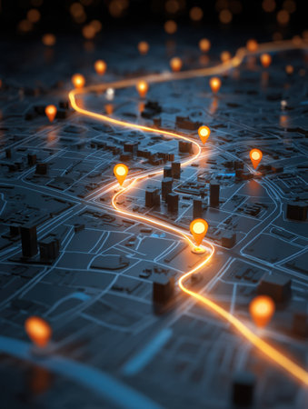 A city map illuminated with glowing route pins and courier icons highlights various delivery paths over a clear area at night.の素材