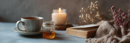 Enjoy a peaceful morning with a warm cup of tea, a soothing candle, and a good book on a cozy table, creating a serene wellness routine to start the day.の素材