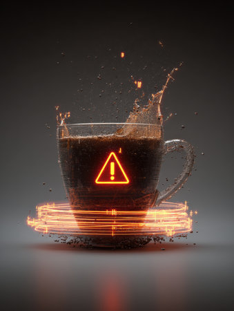 An overflowing coffee mug emits jitter lines and warning lights, adding an intriguing visual dynamic to the moment, evoking a sense of urgency.の素材