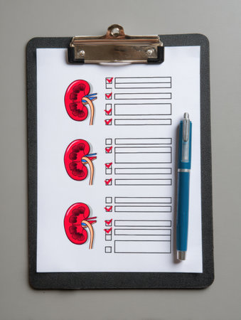 Detailed kidney function checklist is displayed on a clipboard alongside a pen, designed for systematic evaluation of kidney health and function.の素材