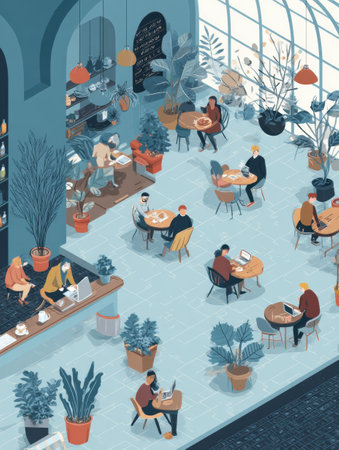 A lively coffee shop filled with patrons discussing, enjoying drinks, and working on laptops amidst plants and soft lighting, creating a welcoming ambiance.の素材