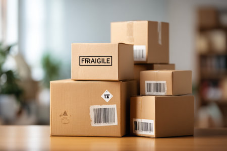 Labeled boxes with barcodes and fragile stickers are stacked neatly in a bright, minimal space, showcasing organized packaging for safe transport.の素材