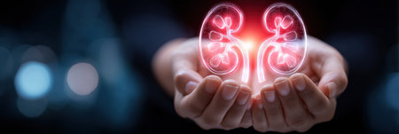 Hands gently cradle a glowing kidney organ icon with a heart inside, displaying a message of health and well-being in a soothing atmosphereの素材