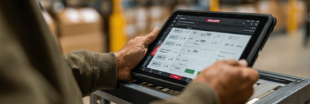 Worker enters secure delivery PIN code on tablet in a logistics setting, ensuring streamlined package handling and security compliance in operations.の素材