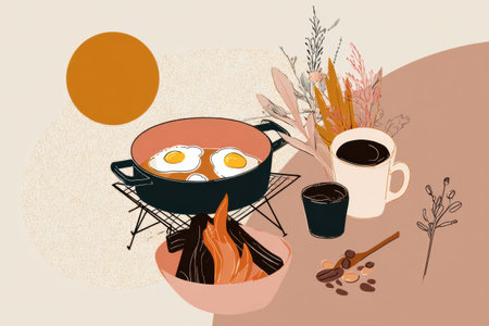 Enjoying a peaceful morning breakfast while camping, featuring fried eggs, coffee, and a cozy fire pit surrounded by nature in a minimalistic layout.の素材
