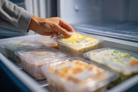 Hand navigates through labeled frozen meals, placing one carefully into an organized chest freezer filled with various options for easy access.の素材