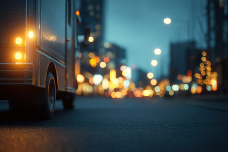 A delivery vehicles lights brighten a city street at night, creating a vibrant urban scene with festive decorations.の素材