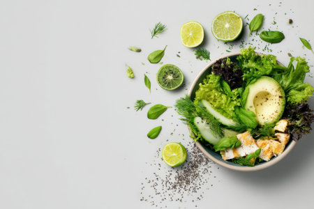 Colorful salad ingredients like lettuce, avocado, and lime surround a bowl, showcasing a healthy and appetizing meal preparation setting.の素材