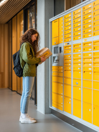 A young woman retrieves a package from a bright yellow box locker in a contemporary setting during the day, showing convenience in delivery services.の素材