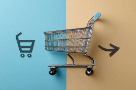A grocery cart is shown seamlessly transitioning into a smart delivery icon against a split-colored background, illustrating modern shopping convenience.の素材