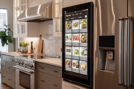 Contemporary kitchen features a touchscreen displaying meal plans with an organized layout, allowing for easy selection of frozen meal options and recipes.の素材