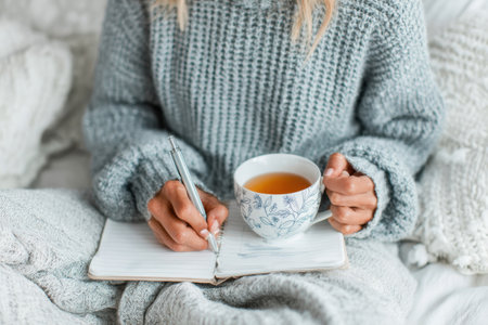 A woman sits comfortably on a soft blanket, journaling about her caffeine-free challenge, with a warm cup of herbal tea in hand during a calm morning.の素材