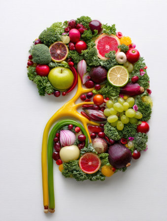 Fruits and vegetables are artistically arranged to mimic a kidney shape, featuring vibrant colors and a light background that enhances visual appeal.の素材